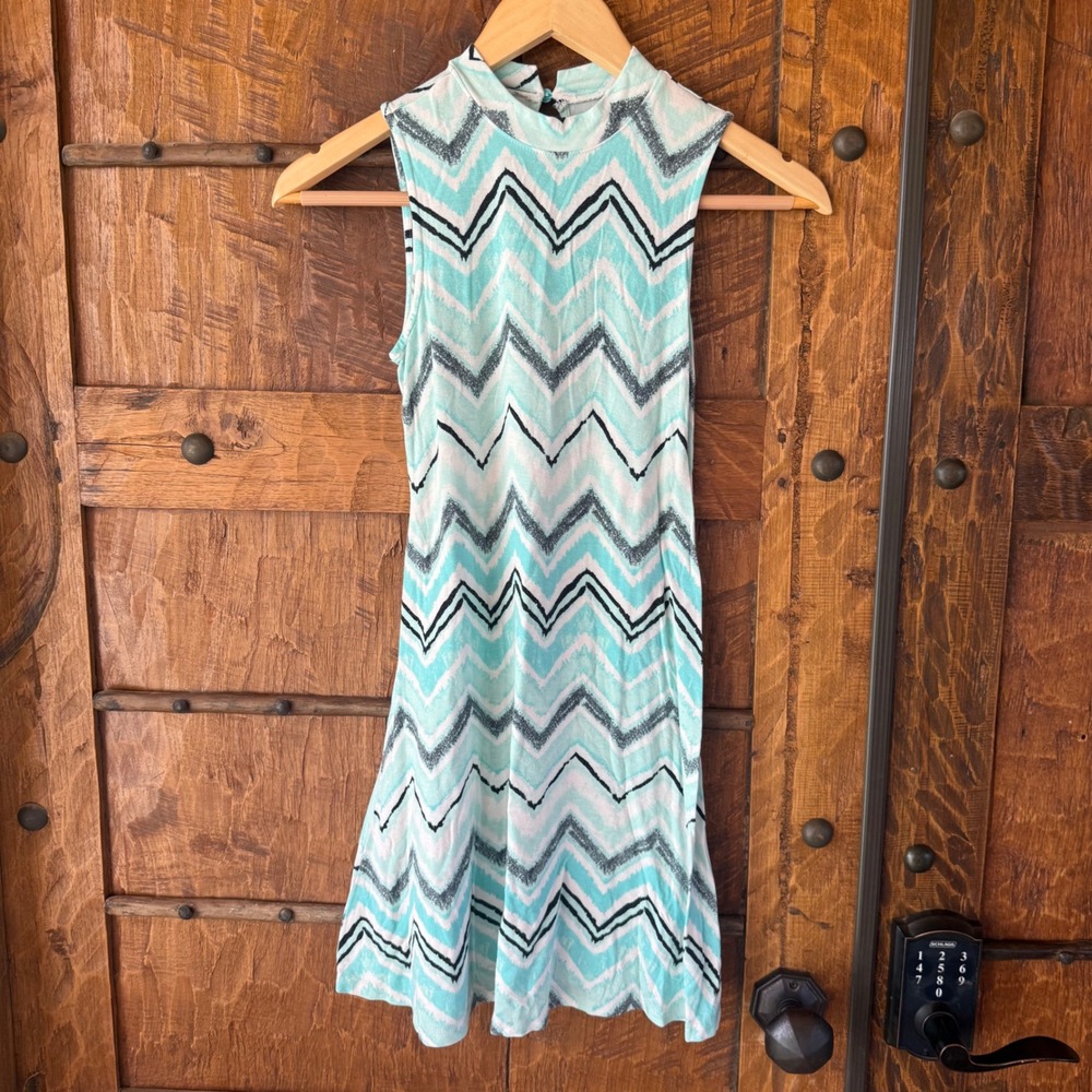 Justice Dress Girls 10 Teal Chevron Mock Neck Sleeveless Keyhole Back Zigzag